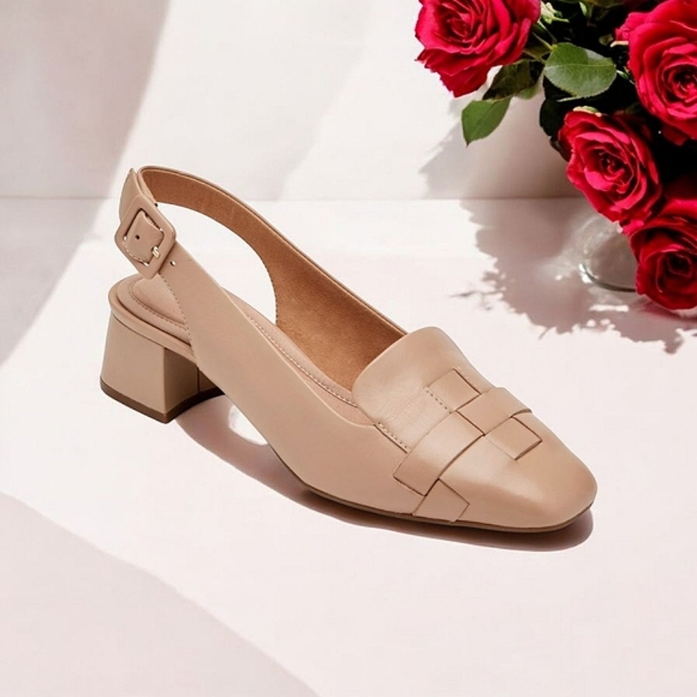 Beige Slingback Block Heel Loafer - Women